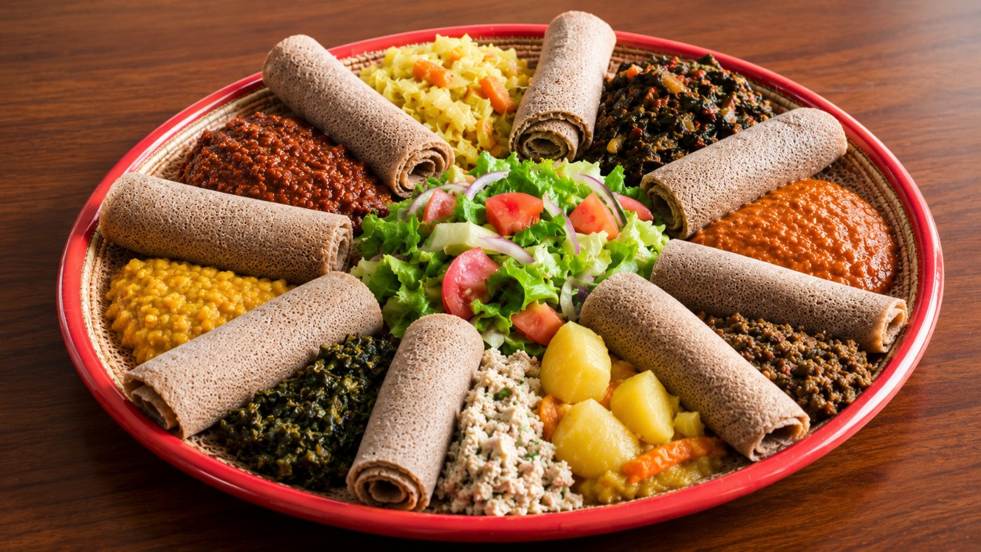 Vegan beyaynetu platter at Banna Restaurant in Dallas, with each vegetable side numbered